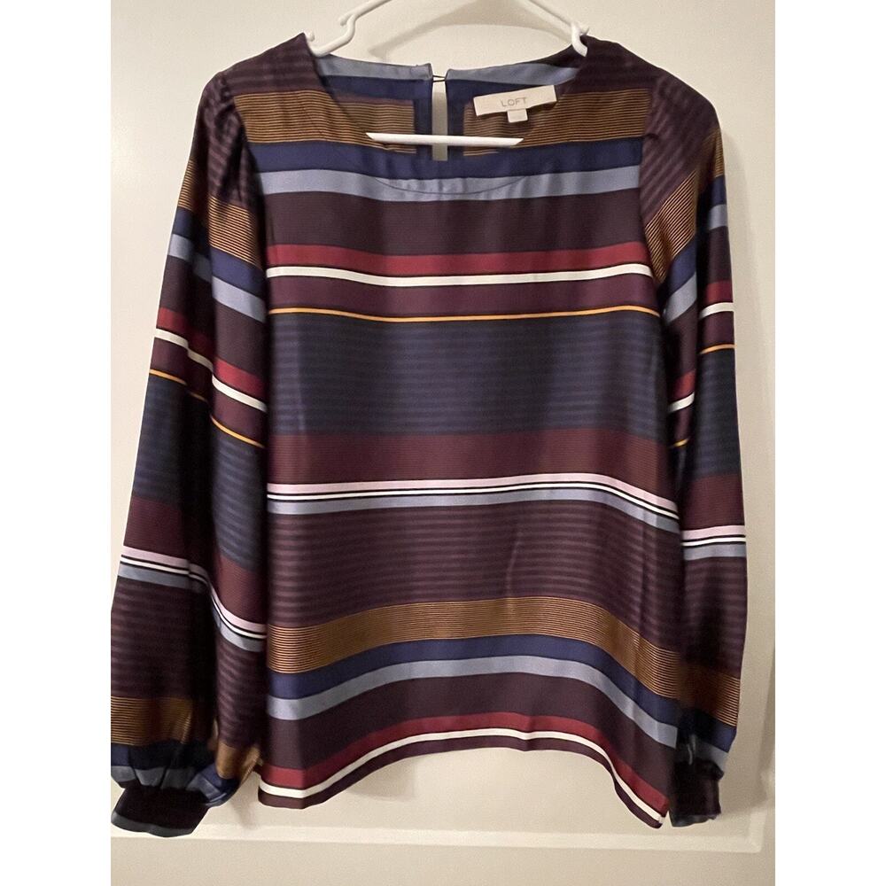 Loft Women’s Navy Blue Yellow Black Striped Top Blouse Size Small Long Sleeve